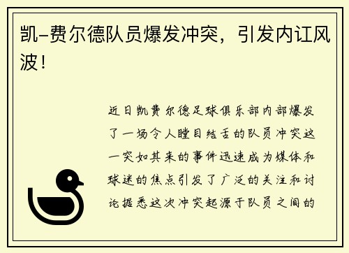 凯-费尔德队员爆发冲突，引发内讧风波！